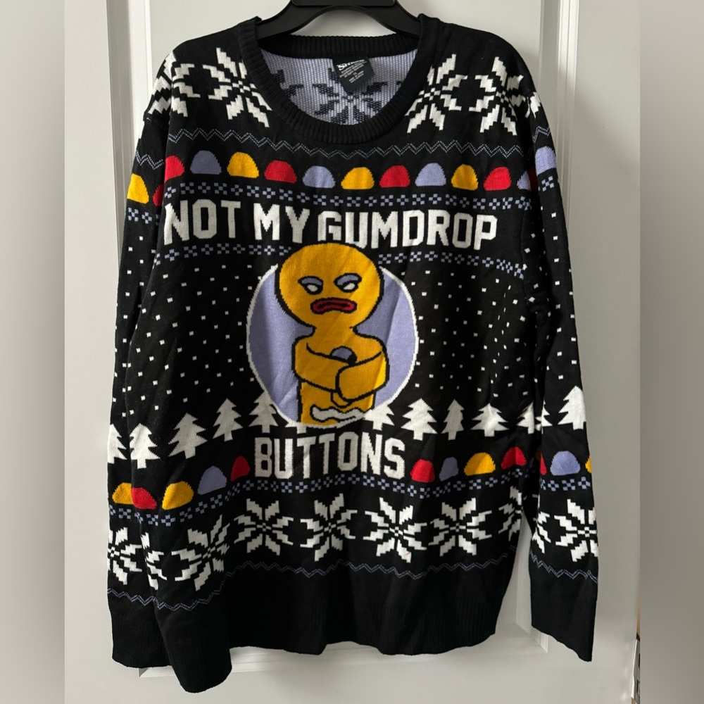 #1490 Shreck Ugly Christmas Sweater Gingy Not My Gumdrop Buttons Black